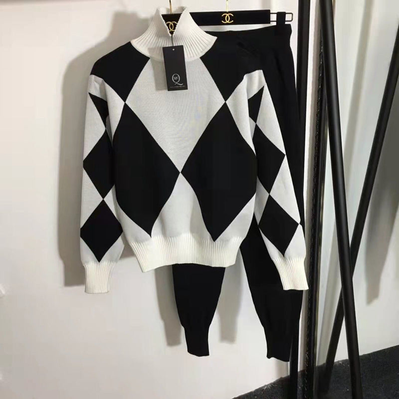 Women's Long Sleeved Trousers Knitted Two-piece Set -