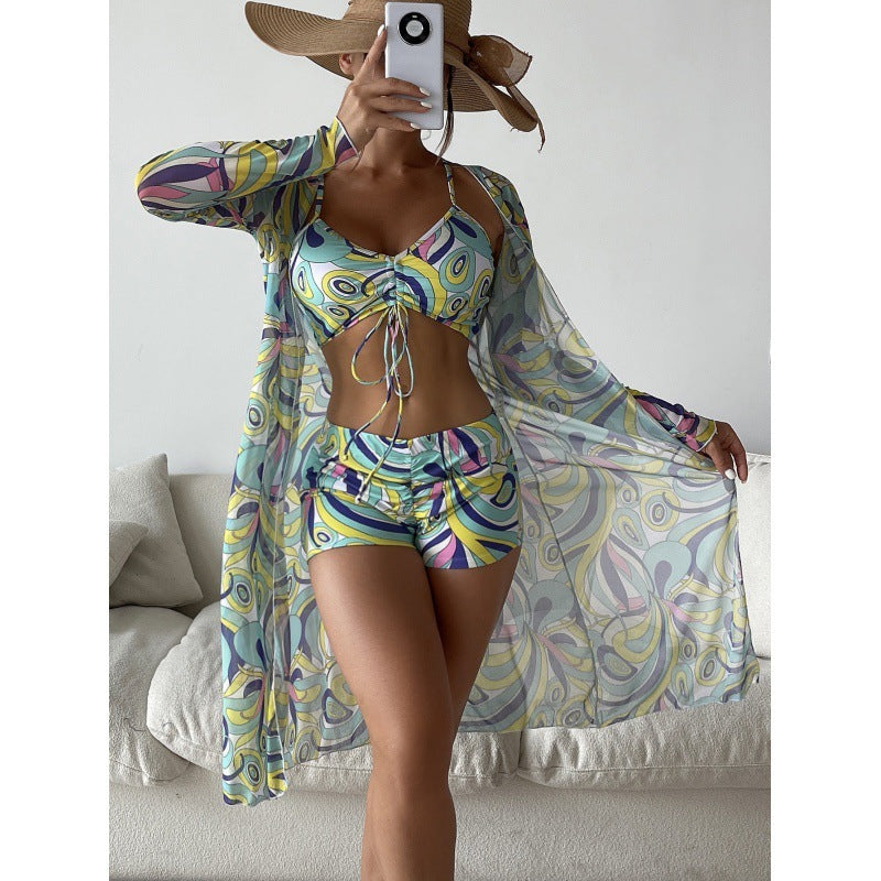Swimsuit Female Split Three-piece Set High Waist Long Sleeve Smock Drawstring Suit -