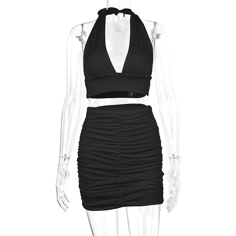 Set Vară - Top Halter Reglabil, Fustă Pliuri Scurtă -
