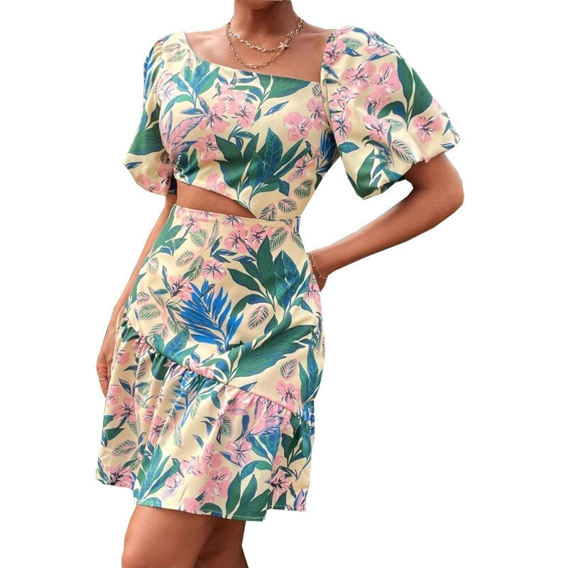 Women's Floral Short Sleeve Dress Two Piece Set -