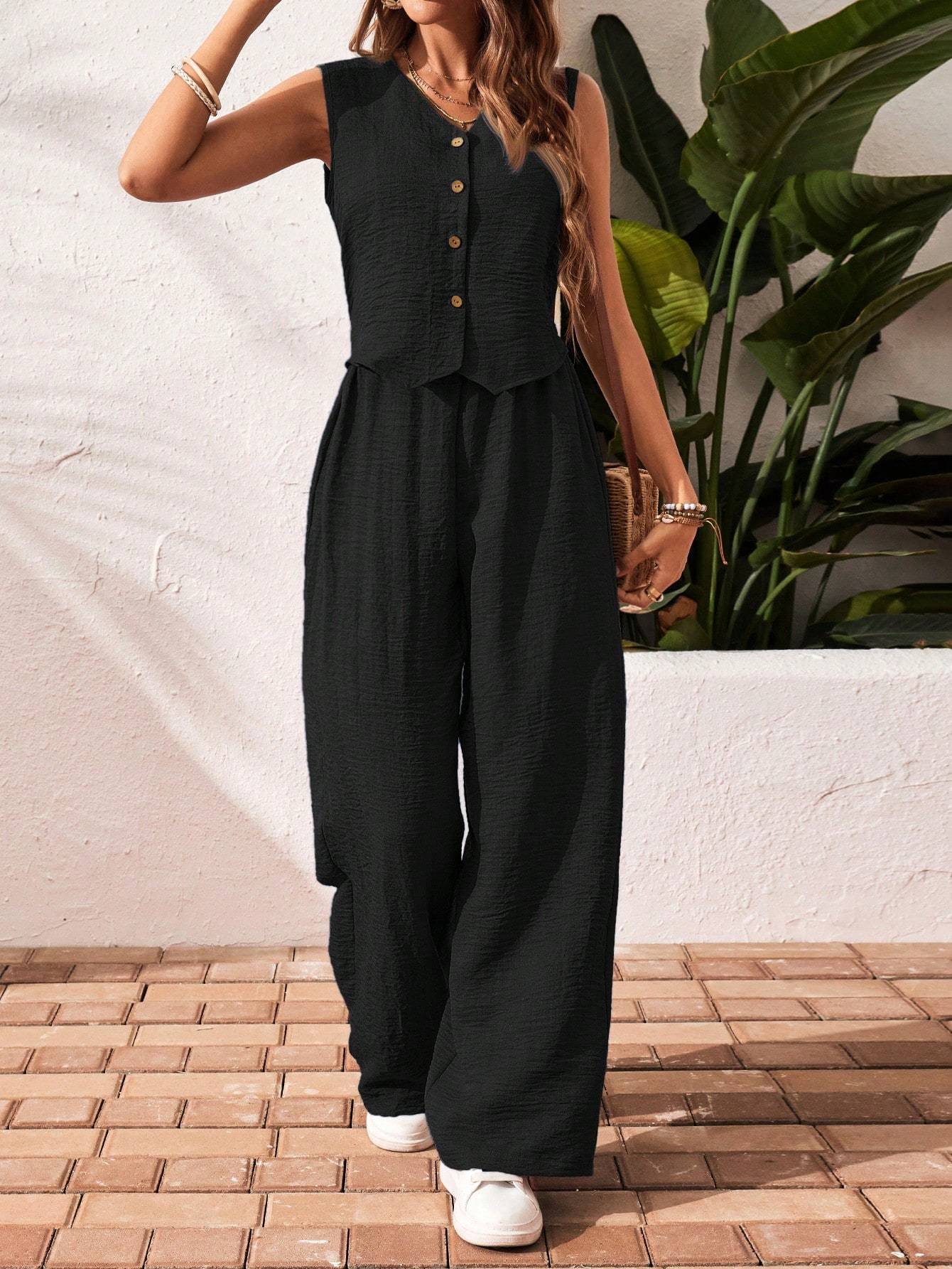 Women's Solid Color Front Button Sleeveless Blouse And Long Pants Casual Suit Set -