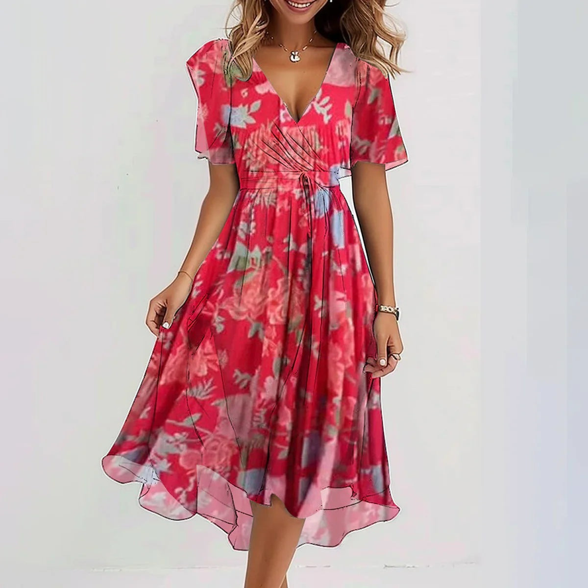 Rochie Elegantă de Vară din Chiffon - Imprimeu Floral, Decolteu V -