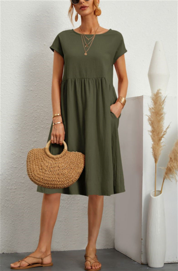Rochie Vara Buzunare A-Line - Guler Rotund, Casual Elegantă, Culori Uni -