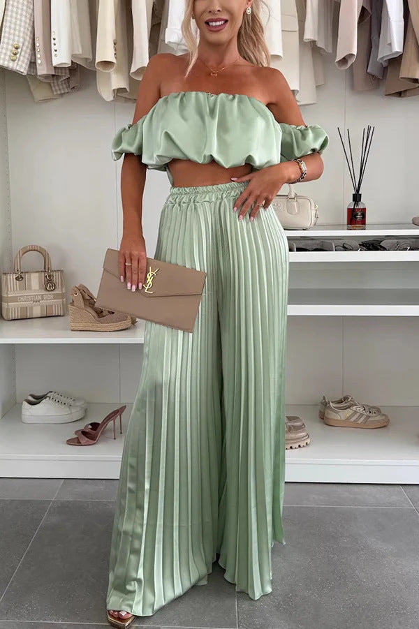 Women's Fashion Satin Tube Top Wide Leg Pants Suit -