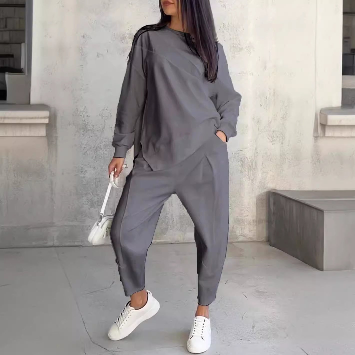 Women's Round Neck Loose And Irregular Long-sleeve Sweater Set -