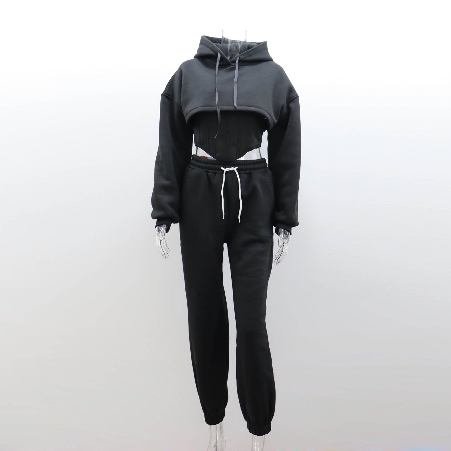 Gray Waist Hooded Short Sweater Ankle Banded Pants Three-piece Set -