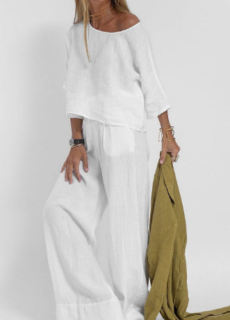 Women's Cotton And Linen Casual Cropped Sleeves Wide-leg Pants Suit -