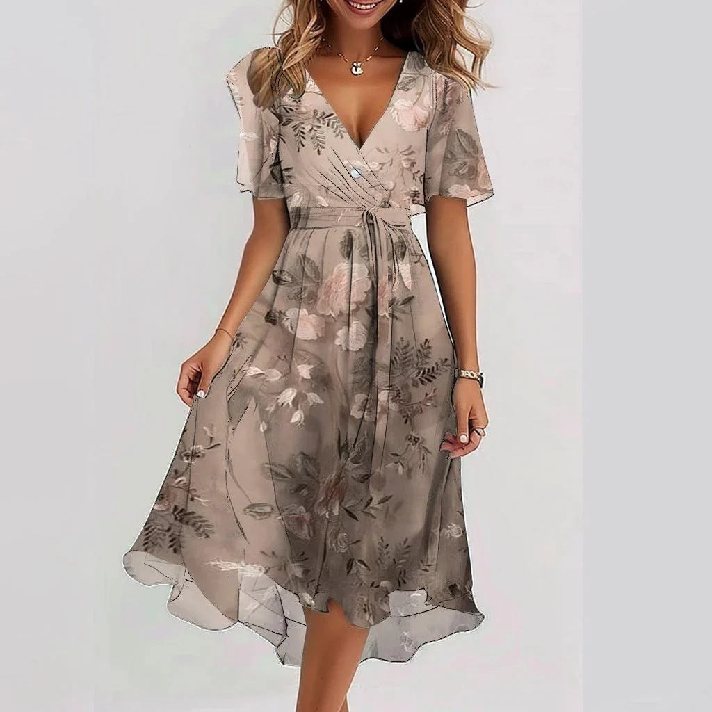 Rochie Elegantă de Vară din Chiffon - Imprimeu Floral, Decolteu V -