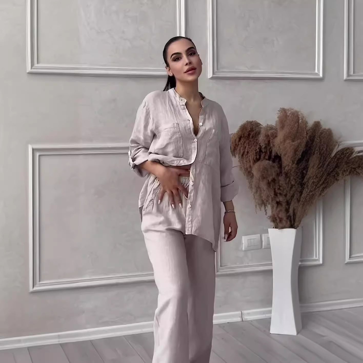 Women's New Stand Collar Long Sleeve Casual Top Two-piece Pants Pack -