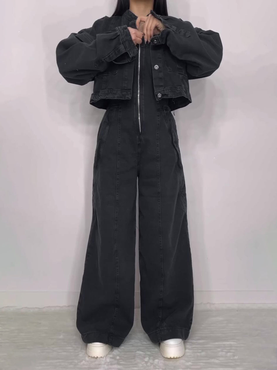 Denim Bandeau Zipper Jumpsuit & Jacket Set -