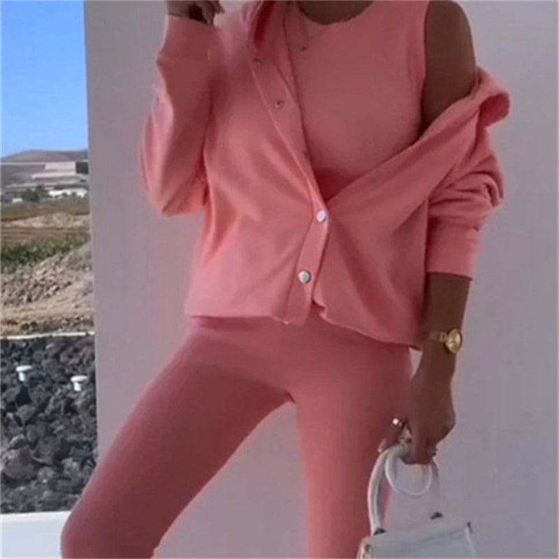 Women's Fashion Sports And Leisure Hooded Sweater Vest Pants Three-piece Set -