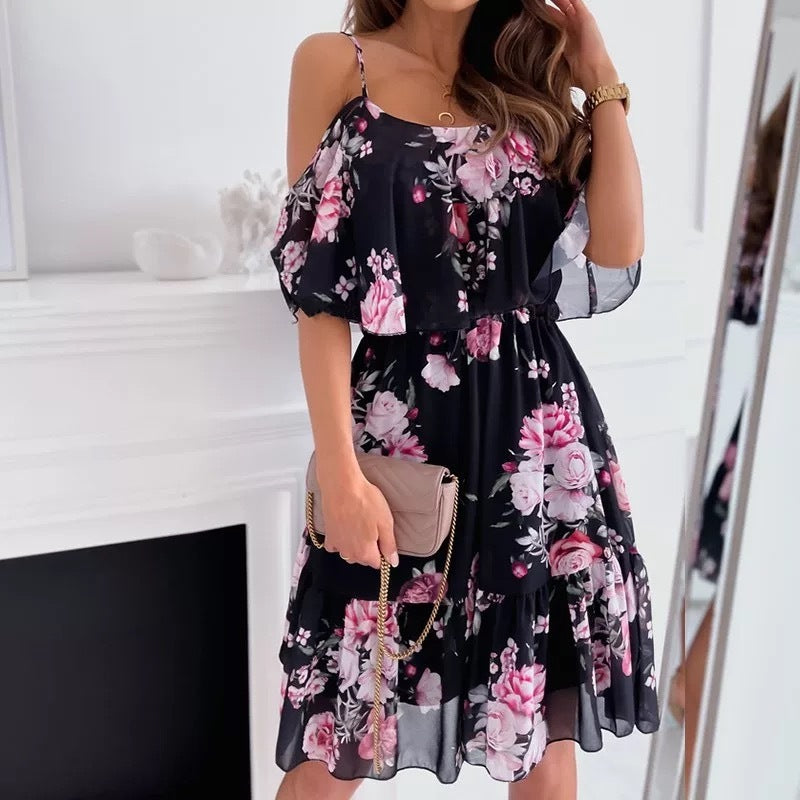Rochie Vară Off-Shoulder Volane - Bretele Suspender, Floral Romantic, Culori VII -