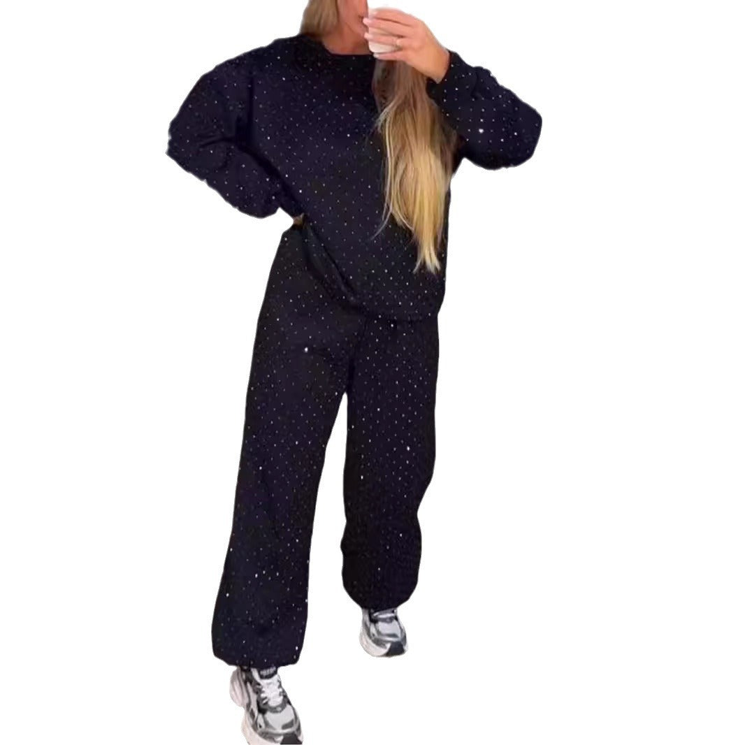 Women's Casual Round Neck Drilling Drawstring Ankle-tied Two-piece Suit -