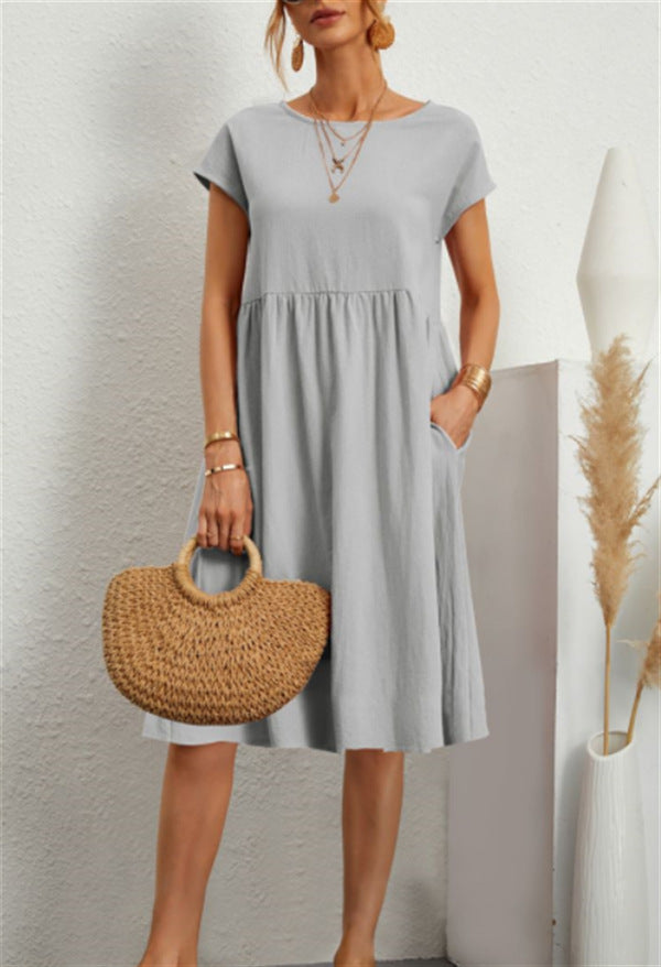 Rochie Vara Buzunare A-Line - Guler Rotund, Casual Elegantă, Culori Uni -