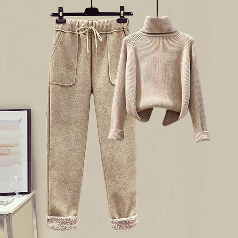 Lamb Wool Fur Sweater Casual Pants Three Piece Set Fashion Suit Women -