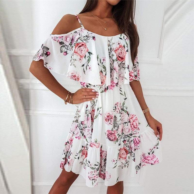 Rochie Vară Off-Shoulder Volane - Bretele Suspender, Floral Romantic, Culori VII -
