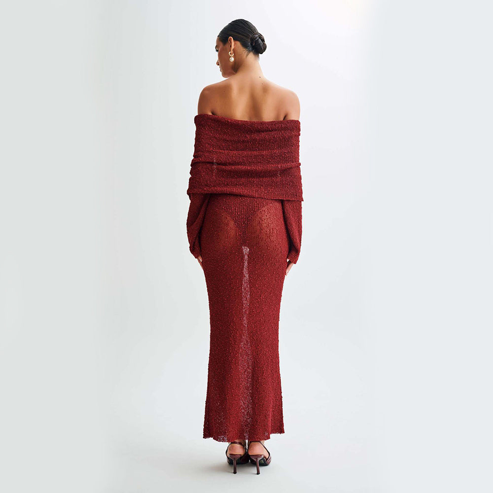 Rochie Maxi Tricotată cu Umăr Liber - Plajă, Mâneci Lungi -