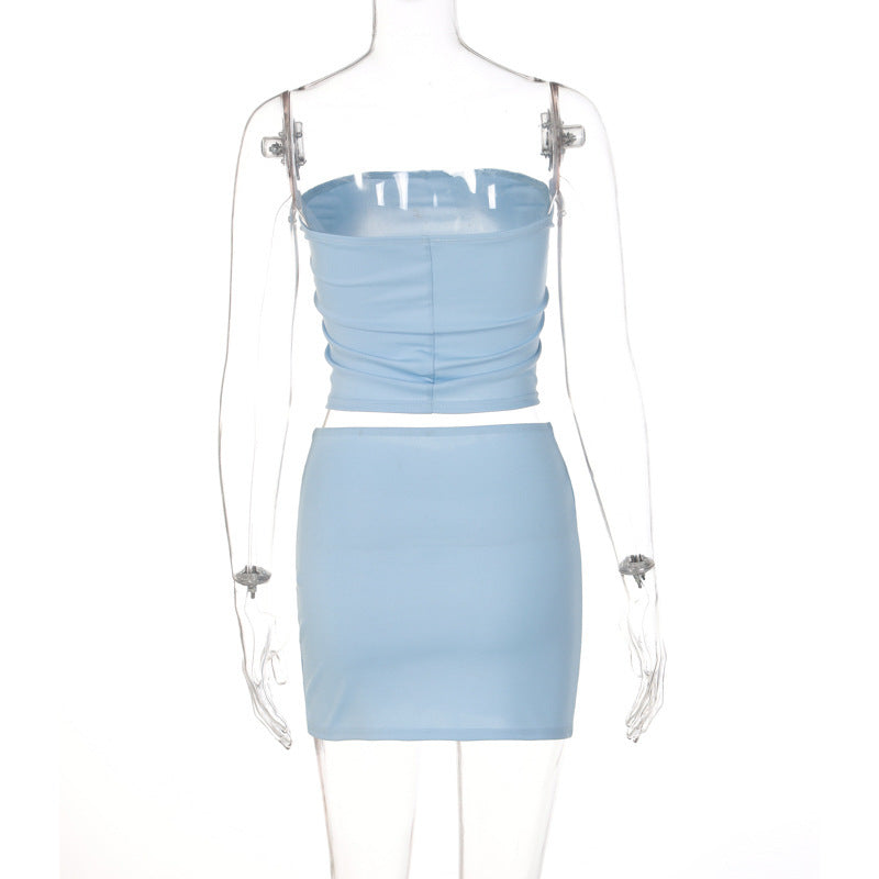 Casual One Word Tube Top Slim Short Skirt Suit -
