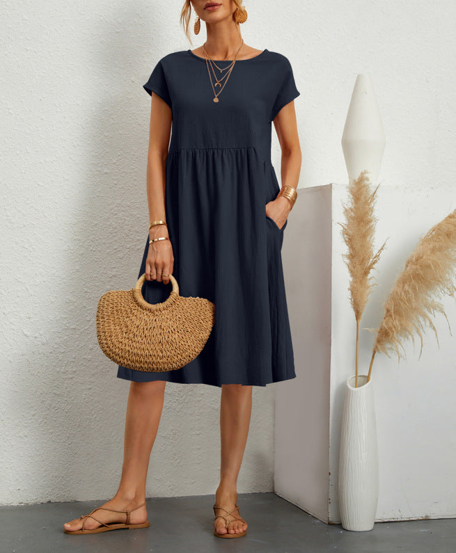 Rochie Vara Buzunare A-Line - Guler Rotund, Casual Elegantă, Culori Uni -