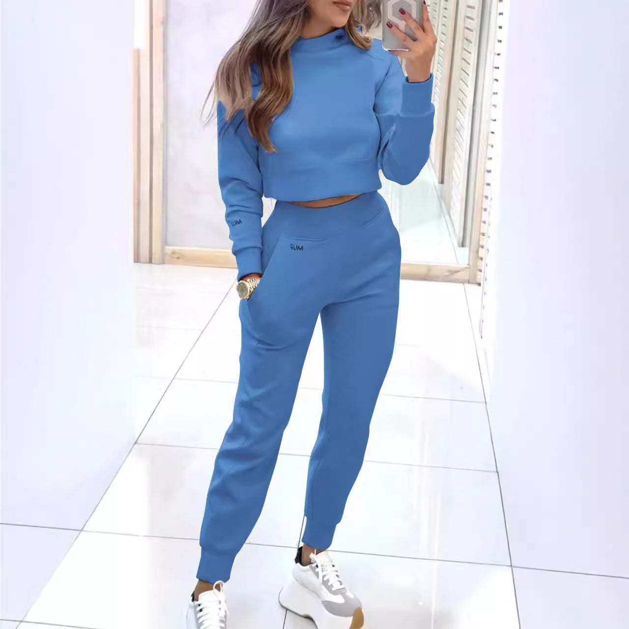 Set Sport-Casual Feminin: Top Mâneci Lungi, Pantaloni Drepți cu Buzunare -