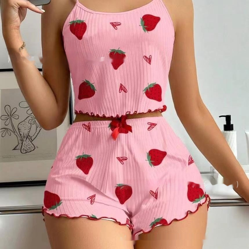 Summer Suspender Elastic Shorts Pajamas Women's Suit -