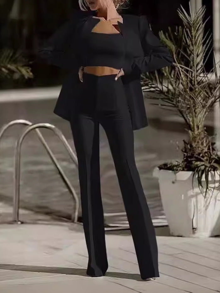 European And American Fashion Commute Midriff-baring Solid Color Suit Suit -
