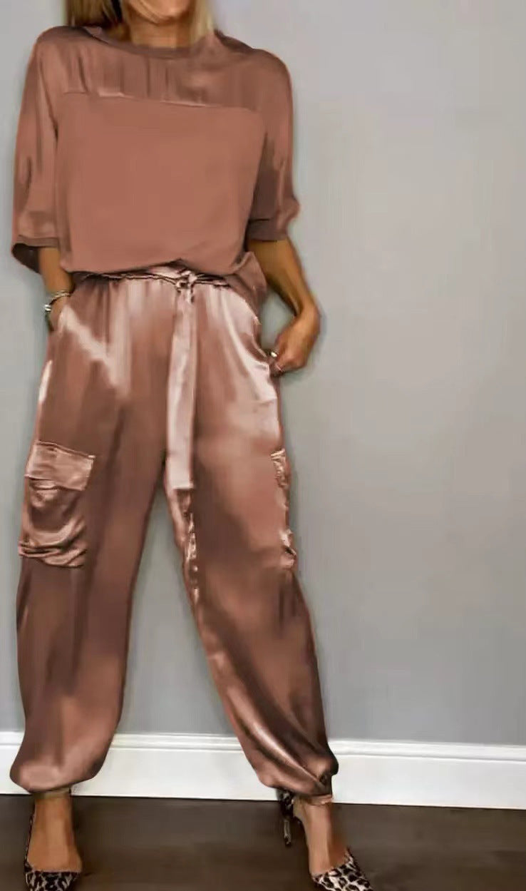 Fashion Women's Smooth Satin Half Sleeve Top Blouse And Pants Two-piece Set -