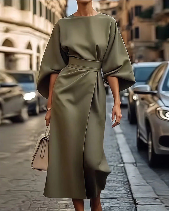 Loose Batwing Sleeve Dress Fashion Waist-tighted Solid Color Elegant Dresses For Women Clothing -