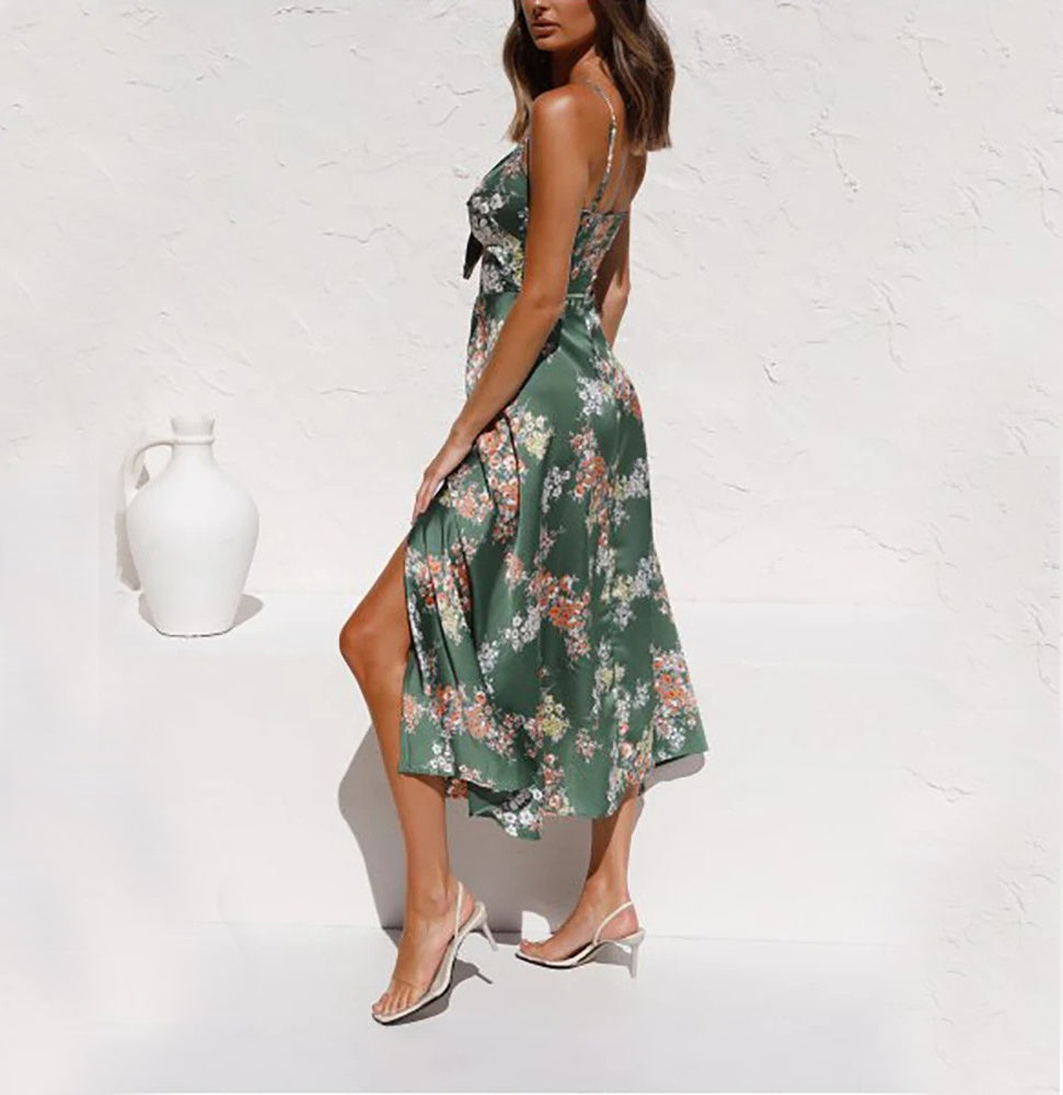 Rochie Beach cu Curele și Fentă laterală - Imprimeu Floral, Talie Decorativă -