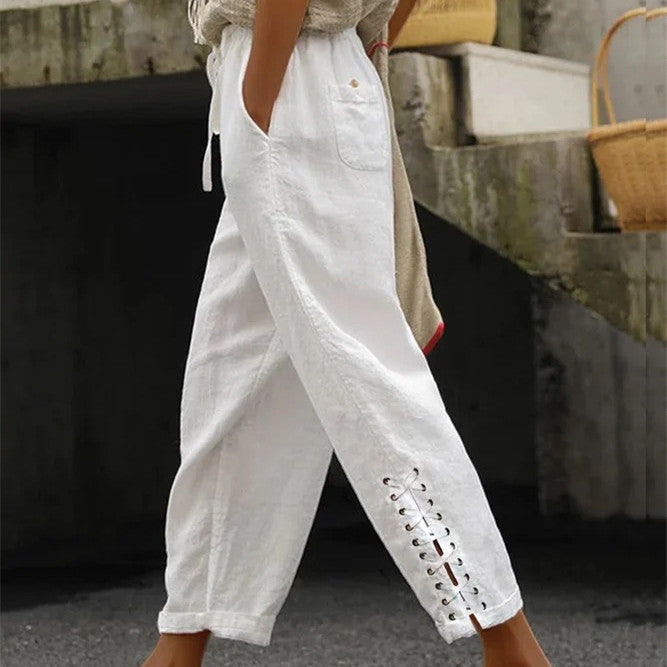 Cotton Linen Solid Color Pocket Sweet Stitching Casual Pants -