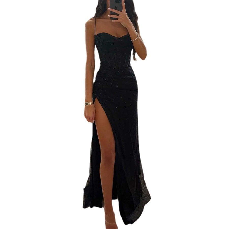 Rochie de Seară cu Curele - Decolteu V, Fentă Sexy, Lungă -