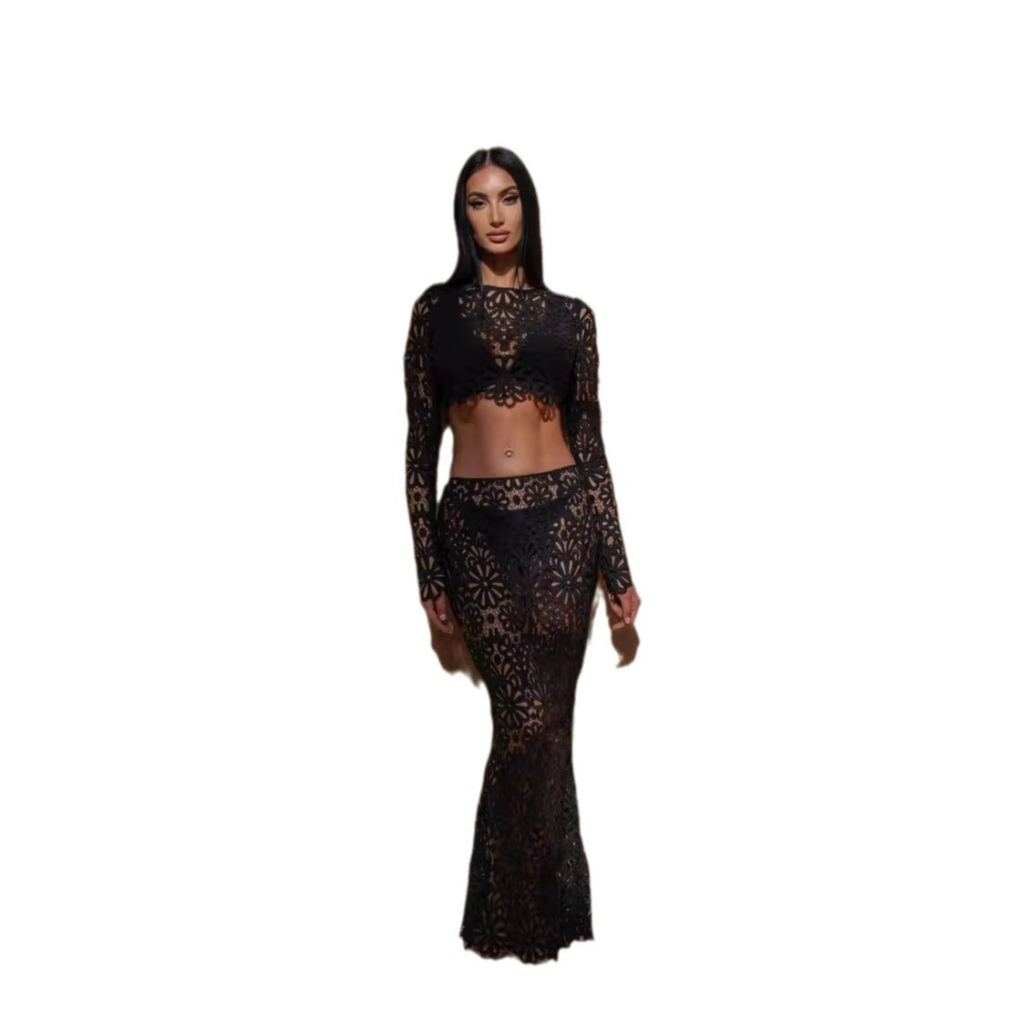 European And American Ladies Slim Fit Hollow-out Lace Tops Skirt Two-piece Suit -