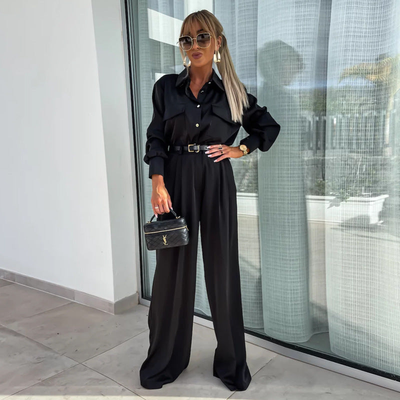 Long Sleeve Faux Pocket Shirt & Loose Trousers Two-piece Set -