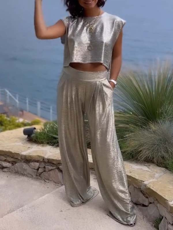 Women's Casual Glossy Vest Wide Leg Pants Two-piece Suit -