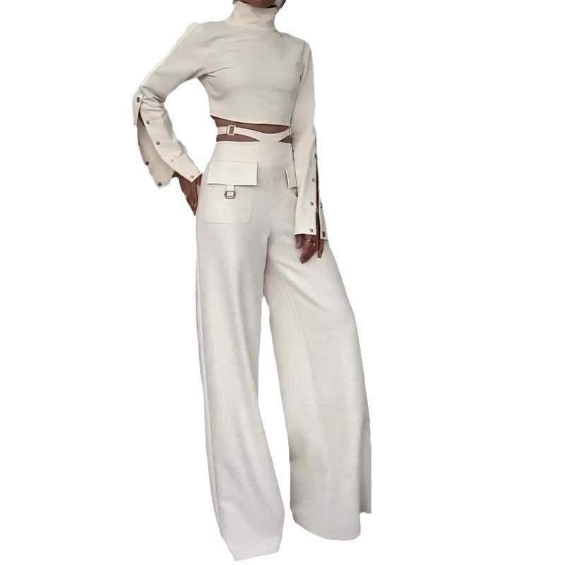 High Collar Midriff-baring Loose Wide Leg Library Suit -