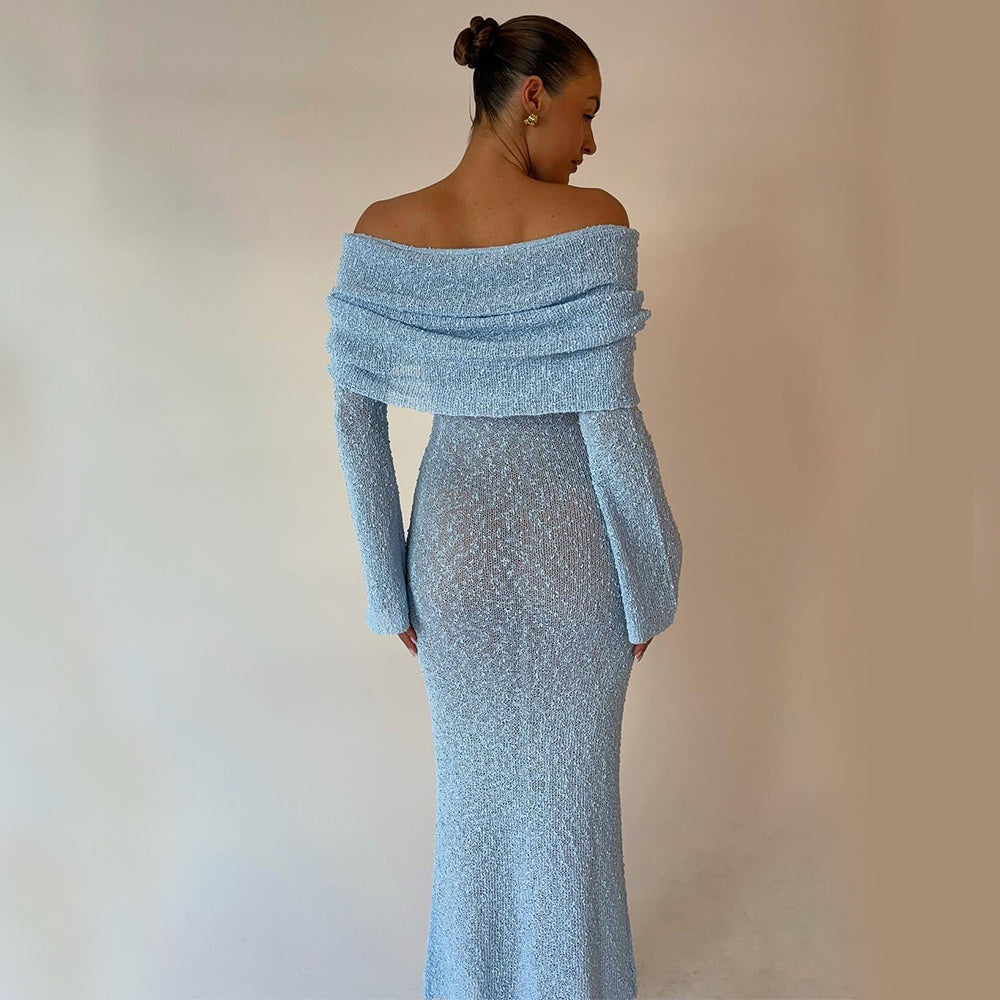 Rochie Maxi Tricotată cu Umăr Liber - Plajă, Mâneci Lungi -