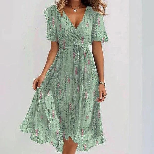 Rochie Elegantă de Vară din Chiffon - Imprimeu Floral, Decolteu V -