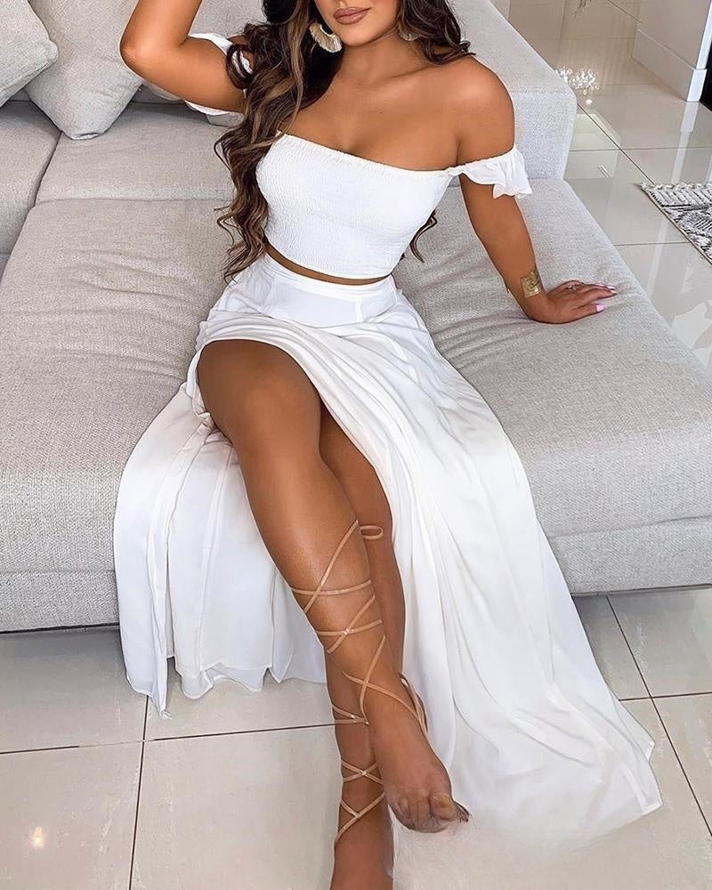 White Solid Color Tube Top Trousers Suit Dress -
