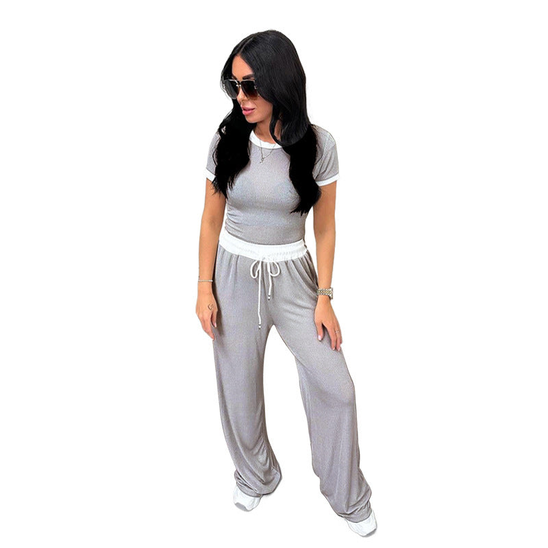 Round Neck Contrast Color Women's Fashion Casual Wide-leg Pants Sports Suit -