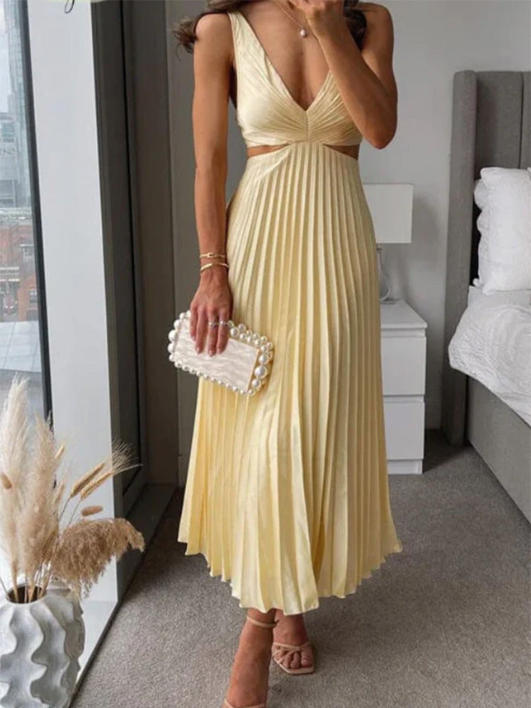 Rochie de Vară cu Curele, V-Neck - Talie Decupată, Spate Liber -