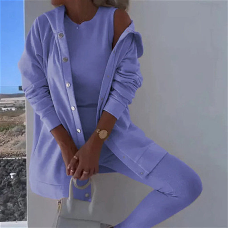 Women's Fashion Sports And Leisure Hooded Sweater Vest Pants Three-piece Set -