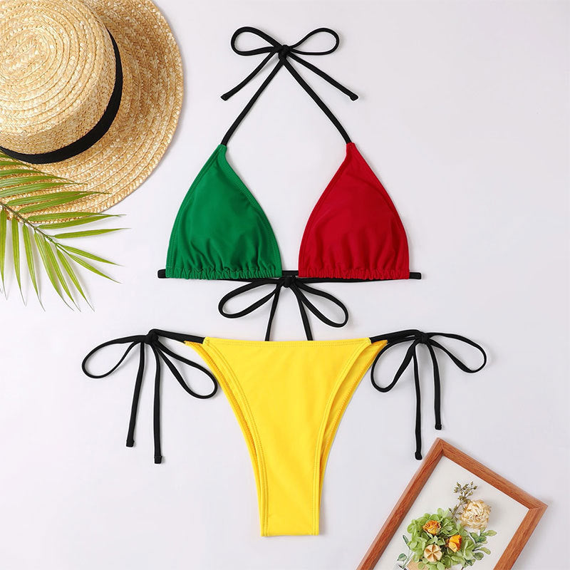 Color Contrast Patchwork Bikini Tether Split Swimsuit For Women -
