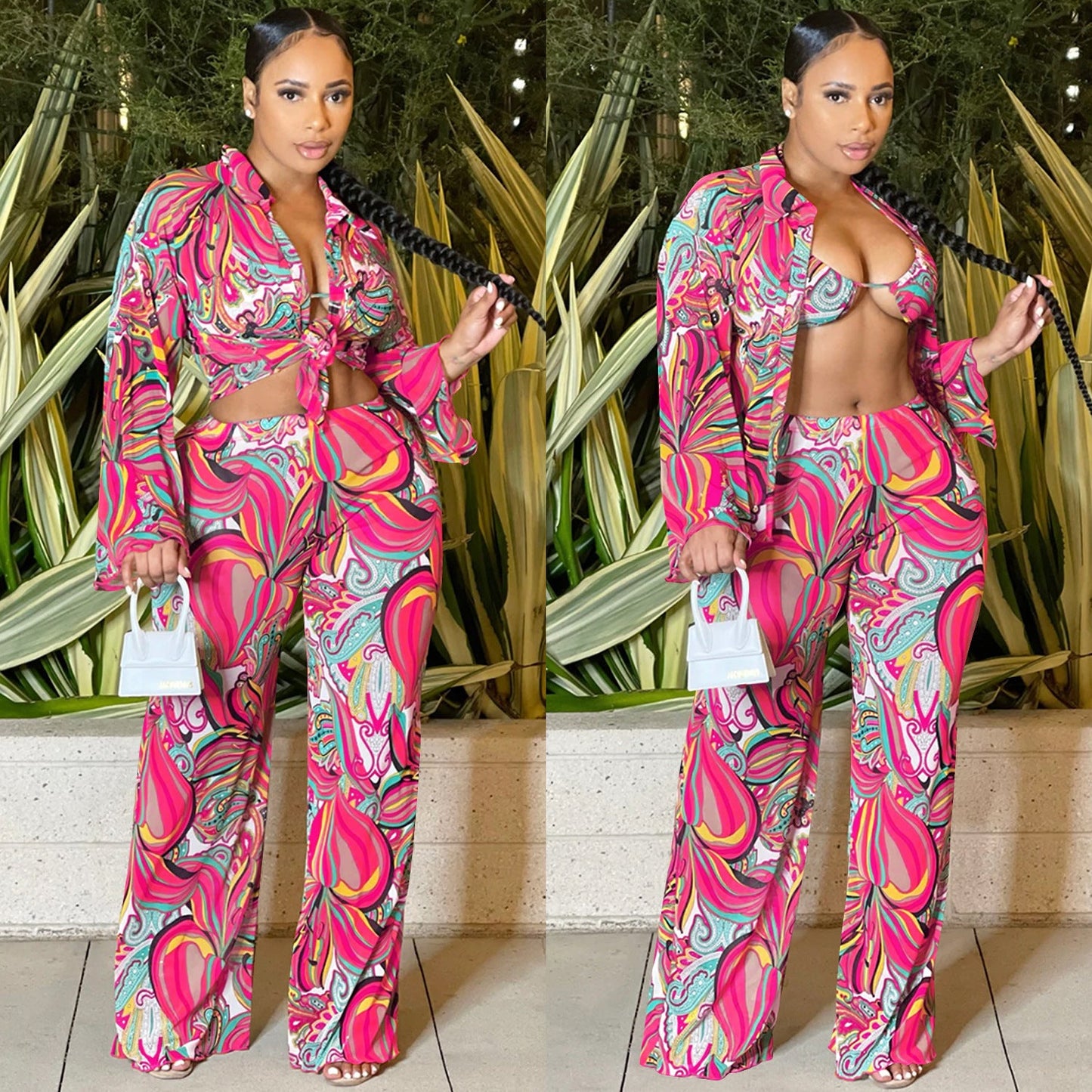 Sexy Mesh Sheer Print Long Sleeve Three Piece -