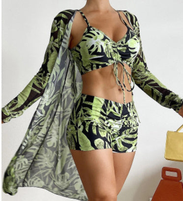 Swimsuit Female Split Three-piece Set High Waist Long Sleeve Smock Drawstring Suit -