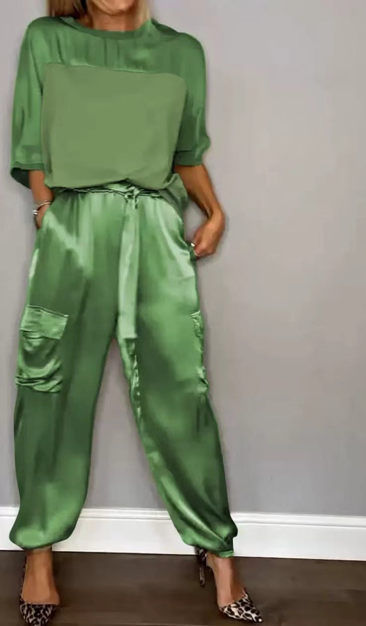 Fashion Women's Smooth Satin Half Sleeve Top Blouse And Pants Two-piece Set -