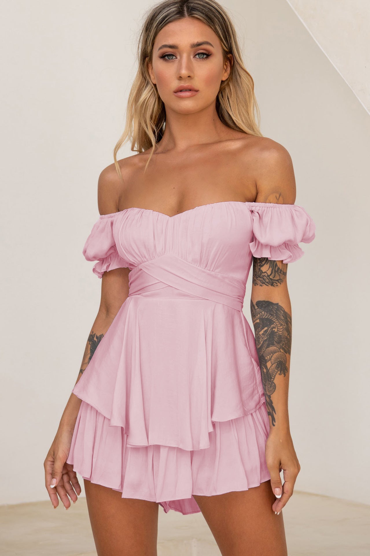 Jumpsuit Solid Color Off-neck Lantern Ruffle Sleeve Casual Women's Clothing -
