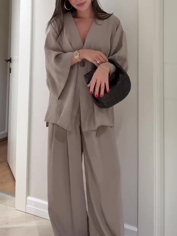 Solid Color Single Button Top And Pants Set -