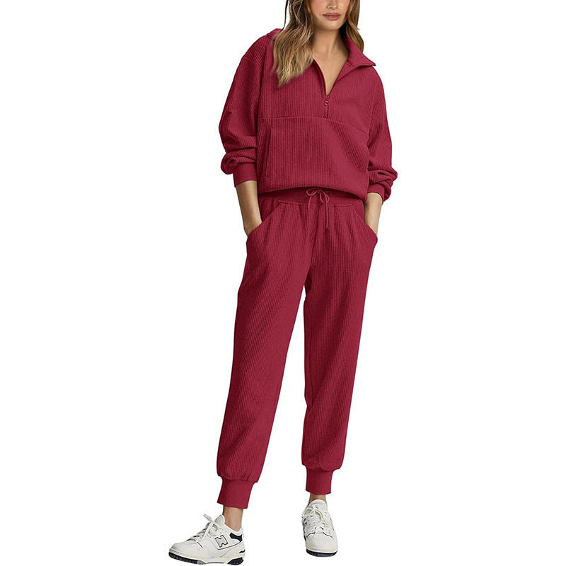 Fashion Casual Long Sleeve Half Zip Sweatshirt Two-piece Set -