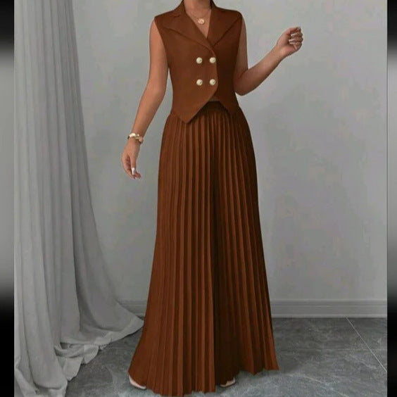 Summer Sleeveless Suit Fashion Lapel Button Vest Top And Pleated Straight Pants Women's Trousers Set Clothing JOJO Lingerie