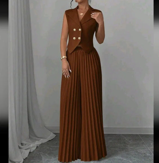 Summer Sleeveless Suit Fashion Lapel Button Vest Top And Pleated Straight Pants Women's Trousers Set Clothing JOJO Lingerie